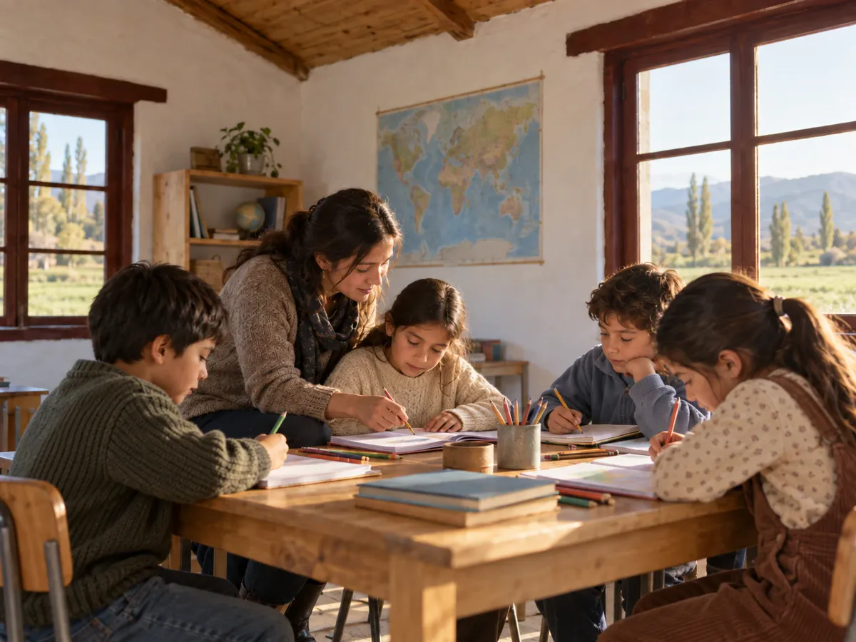 Ilustración: una profesora acompañando a un grupo de estudiantes