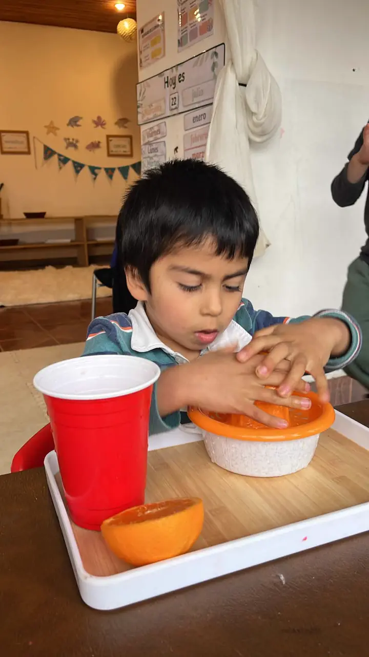 Niño exprimiendo naranjas